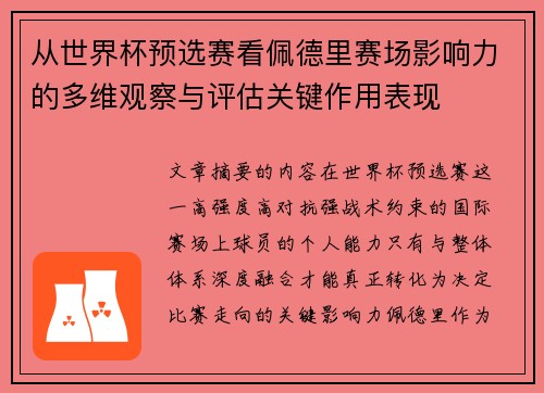 从世界杯预选赛看佩德里赛场影响力的多维观察与评估关键作用表现