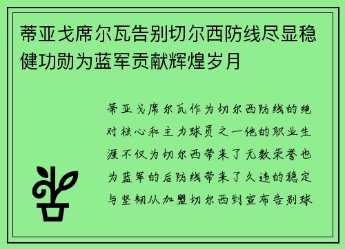 蒂亚戈席尔瓦告别切尔西防线尽显稳健功勋为蓝军贡献辉煌岁月