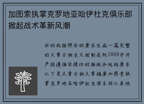 加图索执掌克罗地亚哈伊杜克俱乐部掀起战术革新风潮 加图索执掌克罗地亚哈伊杜克俱乐部掀起战术革新风潮