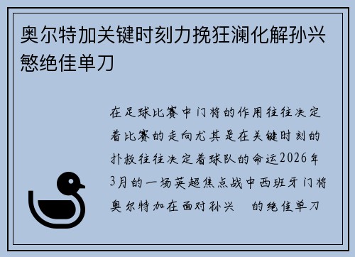 奥尔特加关键时刻力挽狂澜化解孙兴慜绝佳单刀