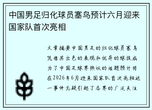 中国男足归化球员塞鸟预计六月迎来国家队首次亮相 中国男足归化球员塞鸟预计六月迎来国家队首次亮相