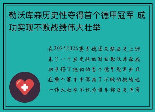 勒沃库森历史性夺得首个德甲冠军 成功实现不败战绩伟大壮举 勒沃库森历史性夺得首个德甲冠军 成功实现不败战绩伟大壮举